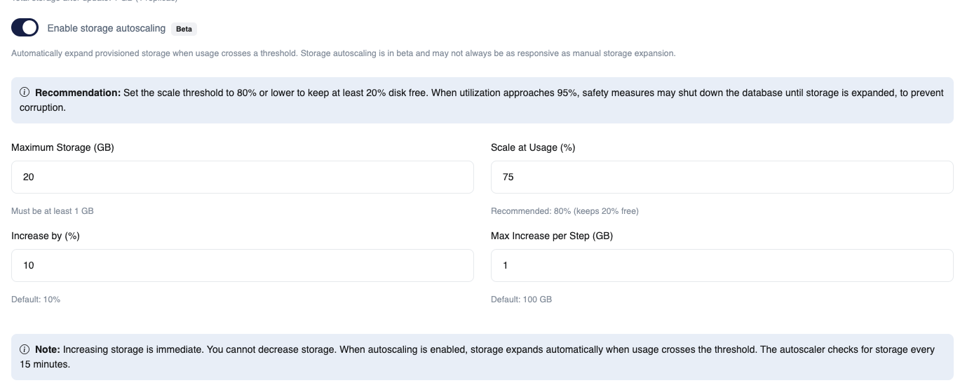 Configure storage autoscaling in the DBaaS Postgres console