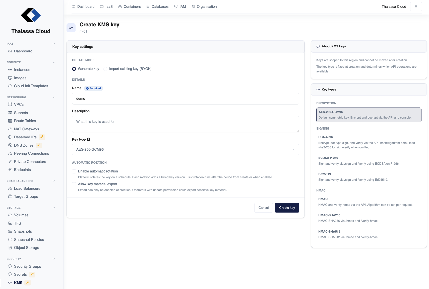 Thalassa Cloud console — Create KMS key form with key type selection and rotation options