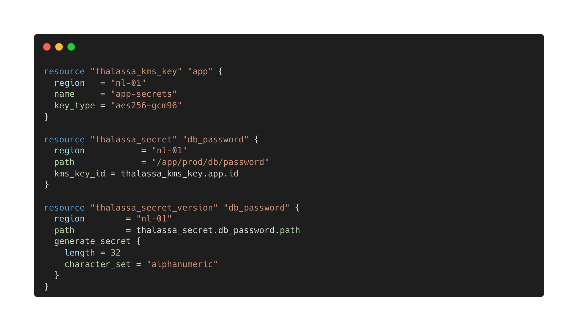 Terraform example — thalassa_kms_key, thalassa_secret, and thalassa_secret_version resources